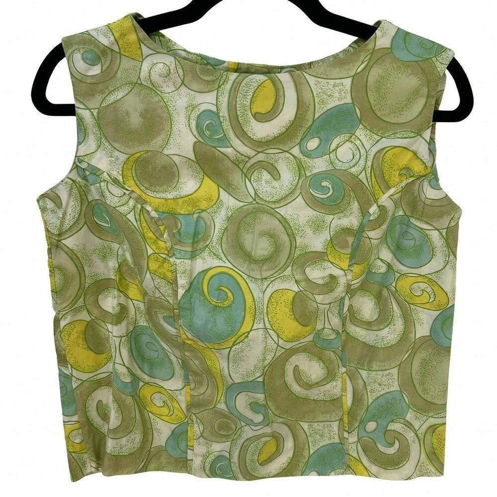 VTG 60s Wash N Wear Psychedelic Swirl Cotton Sleeveless Blouse Green Yellow S
